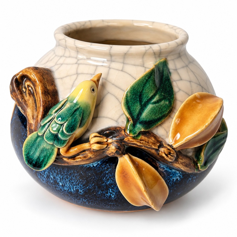 Vtg Artist Signed Art Pottery Bird 3D Applied Bird Branch & Leaves Crackle Glaze